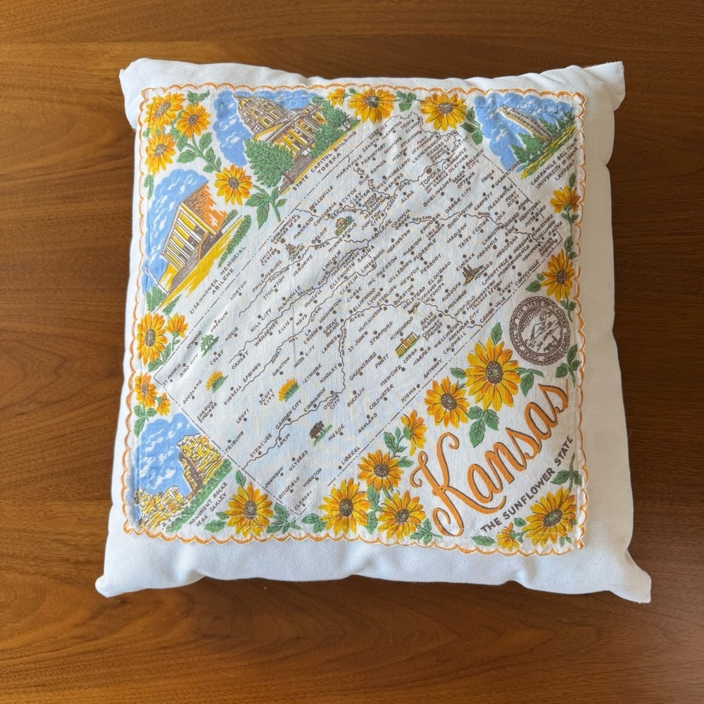 Vintage Kansas Handkerchief Pillow Sunflowers Shabby Chic Retro Country Decor